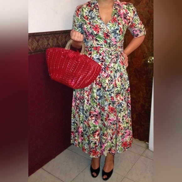 JG Hook Multicolor Artsy 100% Linen Faux Wrap Beatiful Vacation Midi Dress Sz 6 - Picture 4 of 9